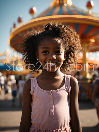 Radiant Young Girl Smiling Before Carousel at Amusement Park