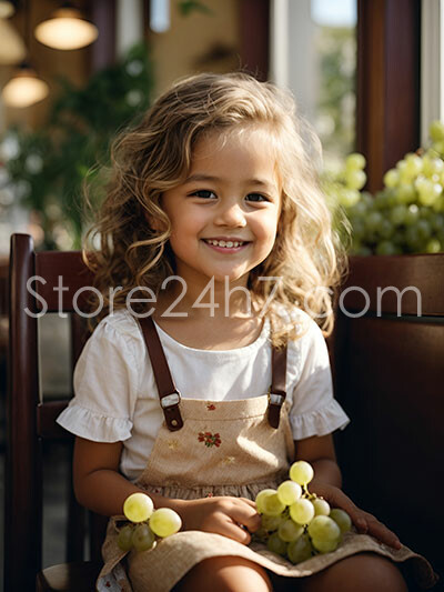 Cheerful Curly-Haired Girl Holding Grapes Indoors, Smiling