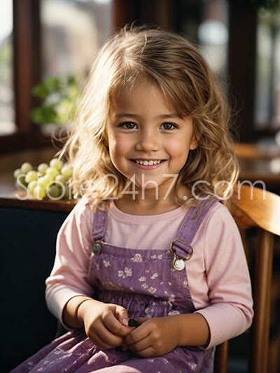 Joyful Girl in Floral Pinafore Smiles with Innocent Charm