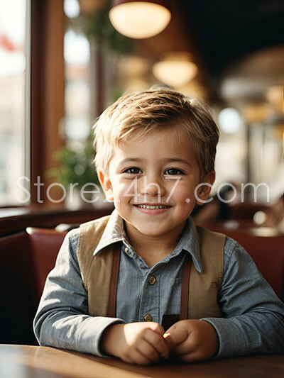 Smiling Boy in Suspenders Enjoying Cozy Caf? Atmosphere