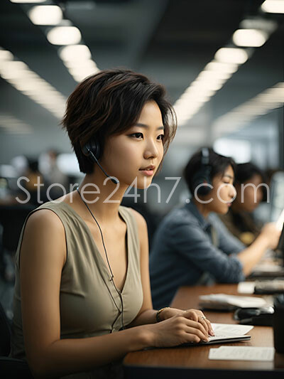 A focused East Asian woman with short hair is wearing a headset as she works in a call center