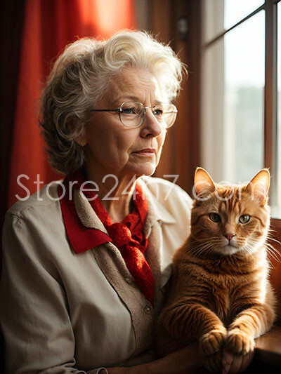 In the photograph, an elderly woman with wavy gray hair gazes thoughtfully out of a window, her expression serene and contemplative