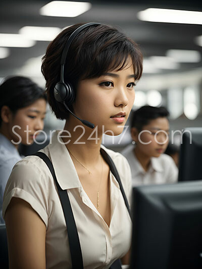 An attentive East Asian woman wearing a headset is captured front and center, representing professionalism in a modern call center environment
