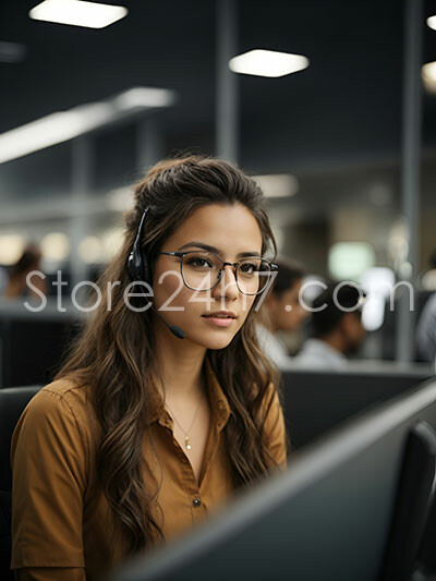 A young woman in a professional setting, likely a call center, portrayed with a focused demeanor