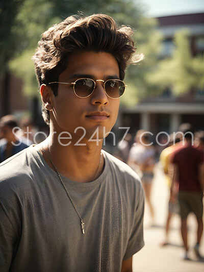 Contemplative Youth in Sunglasses Amidst Crowd
