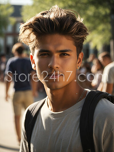 Stylish Young Man with Backpack in Busy Campus Setting