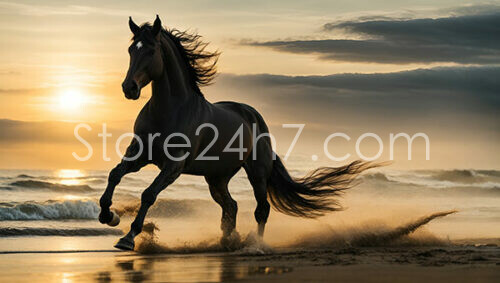 Silhouetted Horse Powerfully Gallops at Ocean Sunset