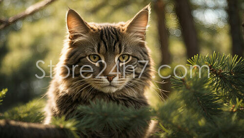 Tabby Cat's Quiet Contemplation in Dappled Forest Light