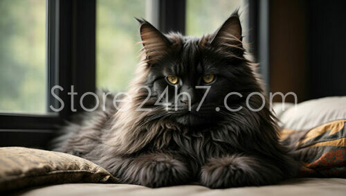 Serene Black Maine Coon Contemplates by Window Light