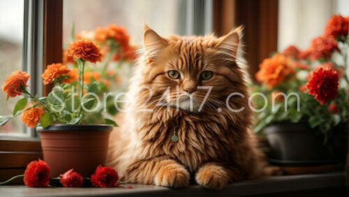 Ginger Cat Amongst Orange Marigolds on Sunny Windowsill