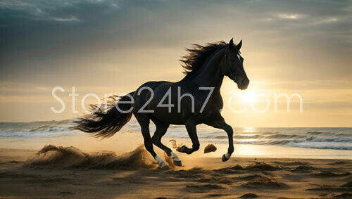 Elegant Black Horse Gallops at Sunrise on Beach
