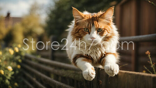 Orange White Cat Balances on Fence in Garden Sunlight