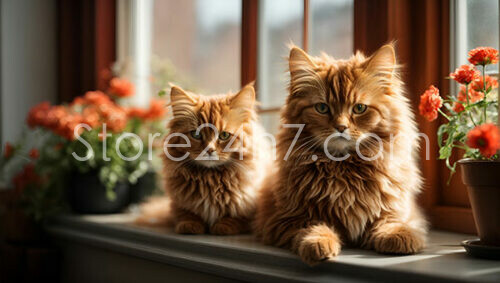 Twin Ginger Maine Coons Adorn Windowsill with Flowers