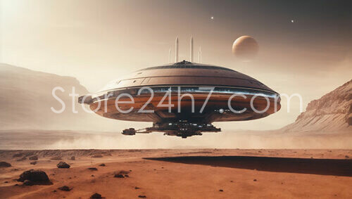 Saucer-shaped Spaceship Descends on Desert Landscape of Alien Planet