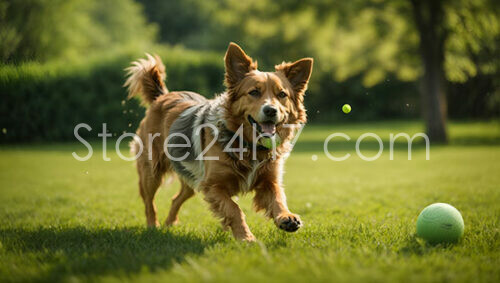 Joyful Dog Chasing Tennis Ball in Green Park