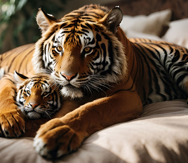 Tiger and cub sleep on the bed in the bedroom