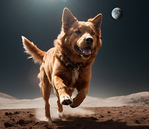A dog jumps on the surface of the Moon, planet Earth is visible in the sky