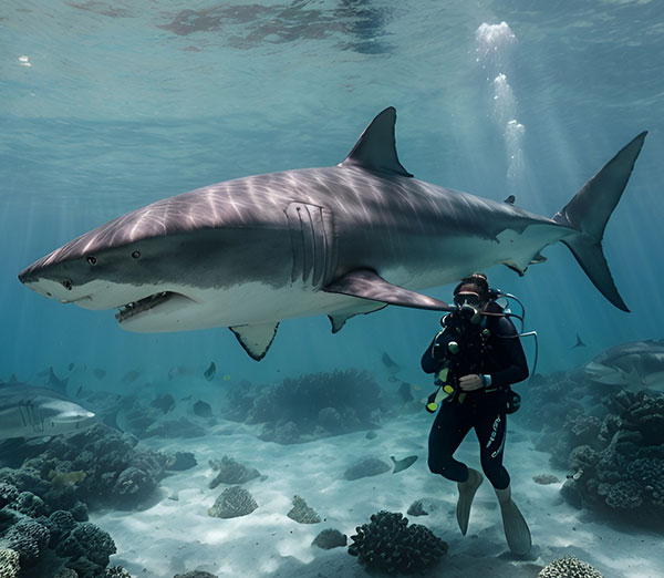 Scuba diver underwater on a coral reef hugs two great white sharks, diffused light