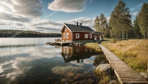 Red Finnish Cottage Lakeside Serenity