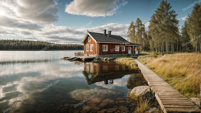 Red Finnish Cottage Lakeside Serenity