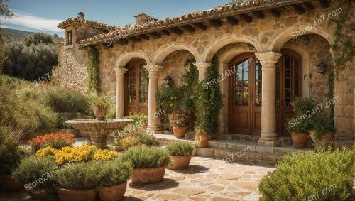 Mediterranean Villa Archway Blooming Courtyard