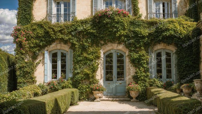 French House Facade with Climbing Roses