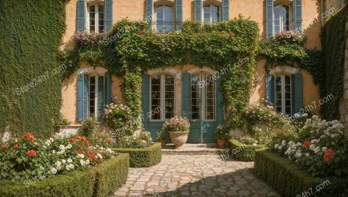 French Home Facade with Blooming Roses