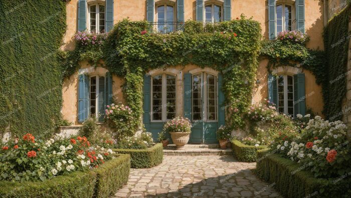 French Home Facade with Blooming Roses