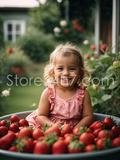 Joyful Girl Surrounded by Strawberries