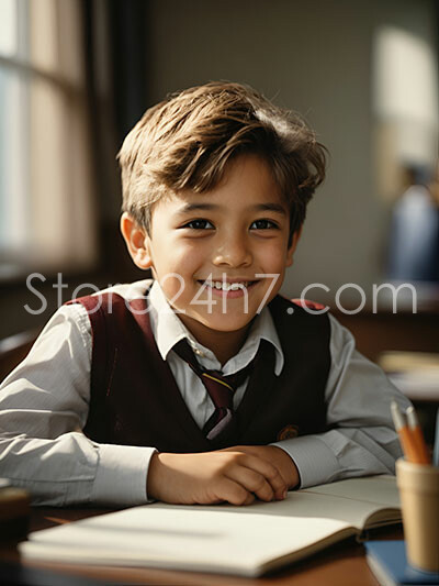 Happy Schoolboy Smiling at Desk