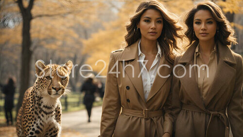 Identical Twins in Trench Coats with Cheetah Escort