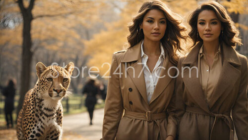 Identical Twins in Trench Coats with Cheetah Escort