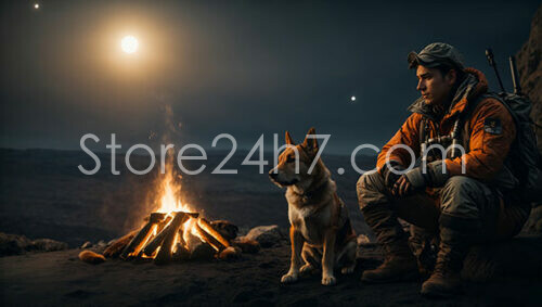 Adventurer and His Dog Resting by Nighttime Campfire