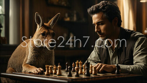 Man Engages Kangaroo in Pensive Game of Chess