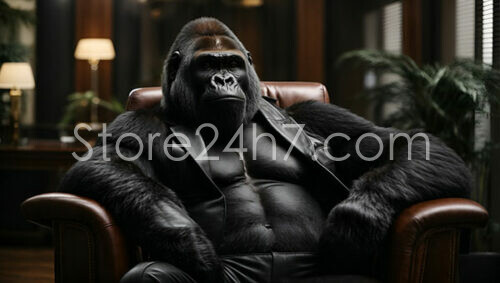 Executive Gorilla Contemplates in Leather Chair Office Setting