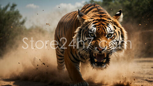 Fierce Tiger Roaring in the Dust