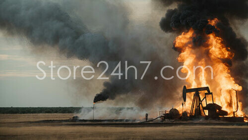 Oil Rig Engulfed in Flames Under a Smoke-filled Sky
