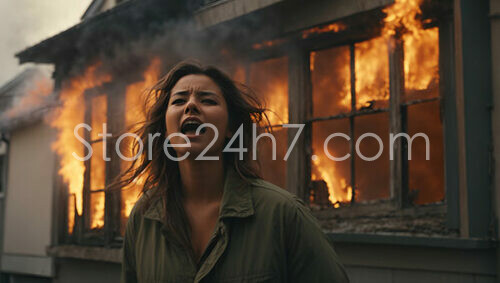 Woman Screaming in Despair as House Burning Behind Her