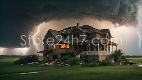 Storm Damaged House with Lightning