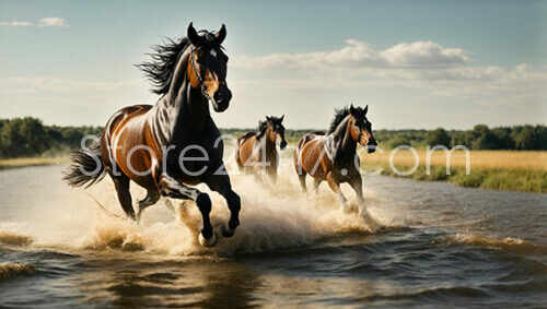 Three Horses Running Through Water