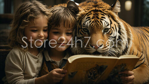 Children Reading a Book with a Tiger Nearby