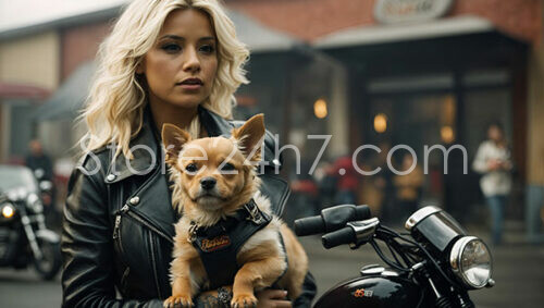 Blonde Woman with Chihuahua Standing by Motorcycle