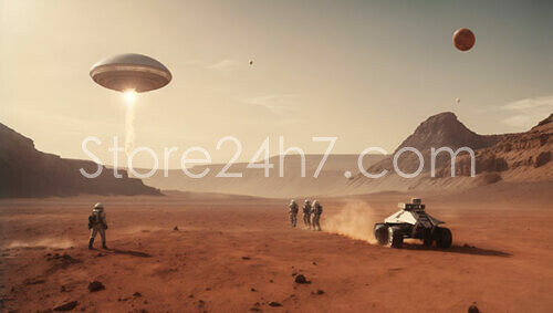 Mars Exploration Team Encounters UFO in Desert Landscape
