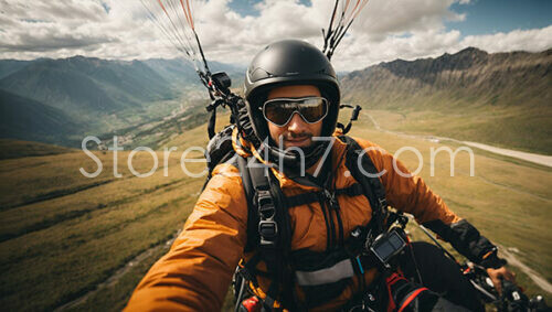 Paraglider Soaring Over Mountainous Landscape