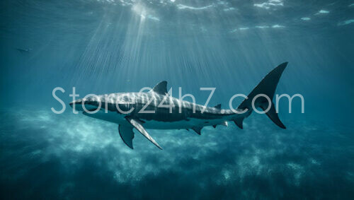 Majestic Great White Shark Glides Beneath Ocean Rays
