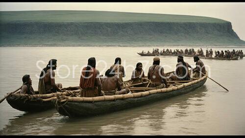 Indigenous People Navigating a River in Canoes