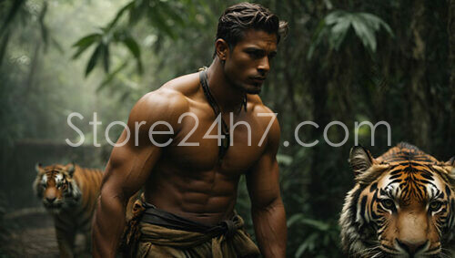 Muscled Man Walks with Tigers in Misty Jungle