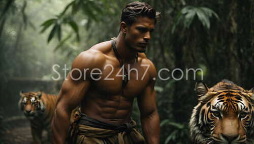 Muscled Man Walks with Tigers in Misty Jungle