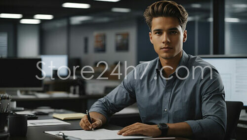 Professional oung Man Writing at Office Desk