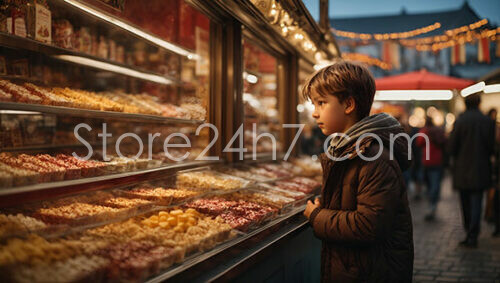 Contemplative Boy at a Sweet Stall